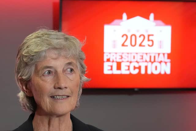 Independent presidential candidate Catherine Connolly leaving the first presidential debate on The Tonight Show, at Virgin Media Television Studios in Dublin (Niall Carson/PAWire)