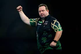 Northern Ireland's Brendan Dolan reacts during his win over Gerwyn Price at the Paddy Power World Darts Championship in Alexandra Palace. (Photo by John Walton/PA Wire)