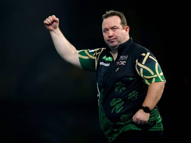 Northern Ireland's Brendan Dolan reacts during his win over Gerwyn Price at the Paddy Power World Darts Championship in Alexandra Palace. (Photo by John Walton/PA Wire)
