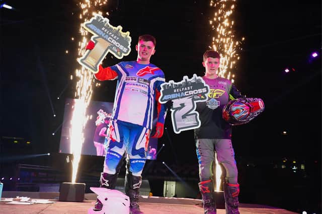 Ballyclare’s Charley Irwin took the overall in the AX futures British championship class with Dundonald’s Reece Ross in second place at the Arenacross Tour in Belfast.