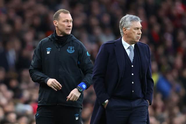 Duncan Ferguson (left) worked as assistant manager Carlo Ancelotti at Everton. (Photo by Julian Finney/Getty Images)