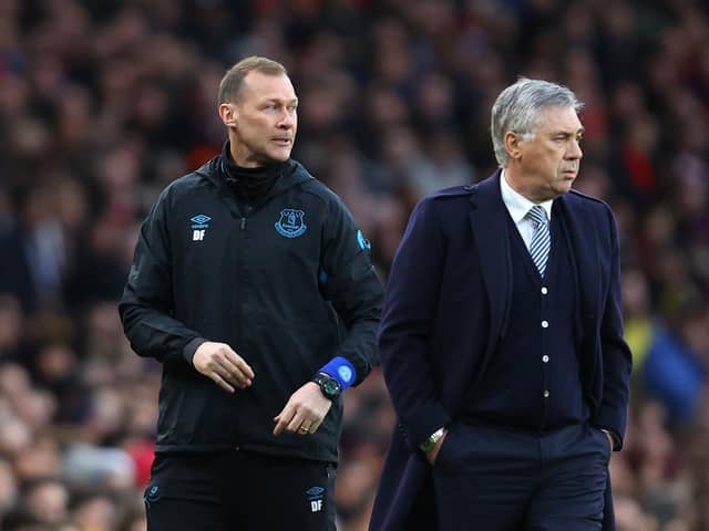 Duncan Ferguson (left) worked as assistant manager Carlo Ancelotti at Everton. (Photo by Julian Finney/Getty Images)