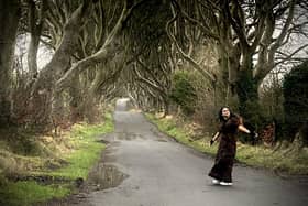 Saanvi from Bangalore India dancing the the World Famous Dark Hedges today during storm Corrie.  . PICTURE KEVIN MCAULEY/MCAULEY MULTIMEDIA