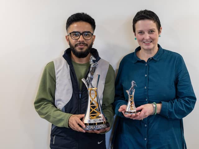 One of the most iconic sporting trophies in the world of horseracing has been designed by a Northern Ireland graphic design student Ritik Tailor who has been on placement at Randox Healthcare in Crumlin since September. Ritik is pictured with the Randox Grand National trophy 2024 and Silversmith, Cara Murphy