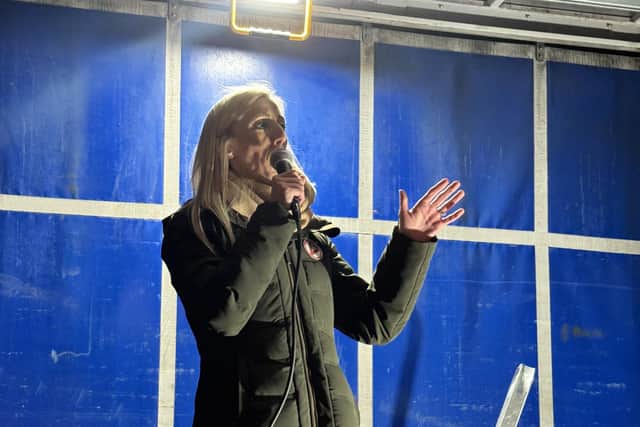DUP MP Carla Lockhart speaking during an Orange Order parade in Portadown, Co Armagh. Pic: Mícheál Ó Scannáil/Press Association