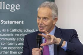 Former prime minister Sir Tony Blair at St Malachy's School Belfast during an event discussing with young people the 25th anniversary of the Belfast / Good Friday Agreement