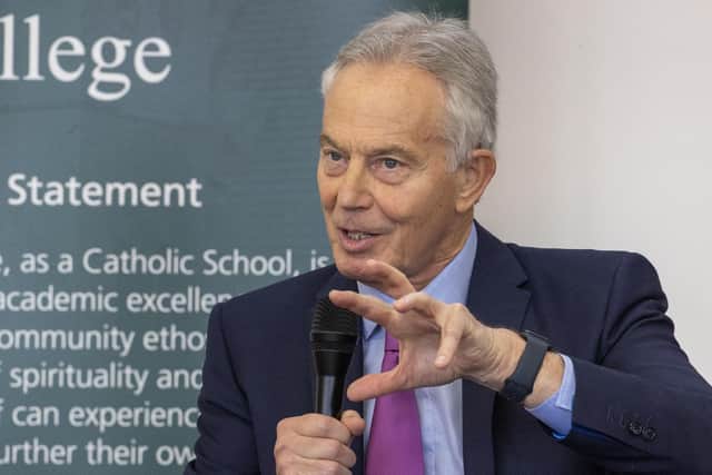 Former prime minister Sir Tony Blair at St Malachy's School Belfast during an event discussing with young people the 25th anniversary of the Belfast / Good Friday Agreement