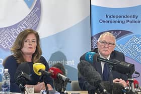 Northern Ireland Policing Board chair Deirdre Toner and vice chair Edgar Jardine announce PSNI Chief Constable Simon Byrne has resigned during a press conference at the board headquarters in Belfast. Photo: Rebecca Black/PA Wire
