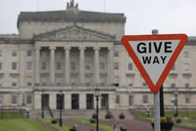 A Give Way sign at Parliament Buildings at Stormont, Belfast.