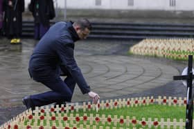 Northern Ireland Veterans Commissioner David Johnston places a remembrance cross at Belfast City Hall. Photo: Liam McBurney/Press Association