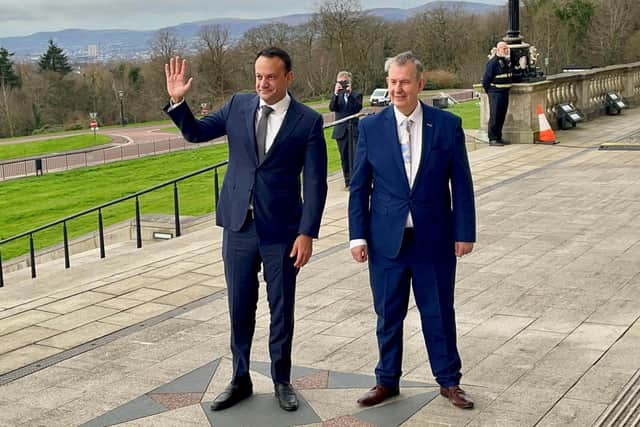 Taoiseach Leo Varadkar is greeted by Assembly speaker Edwin Poots at Parliament Buildings in Belfast