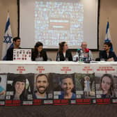 Families of hostages feared taken in Gaza (left to right) Tal Yeshurun, Maya Lumbroso, Natali Hand, Thomas Hand and Eylon Keshe during a press conference at the Embassy of Israel in Dublin on Monday 13 November 2023. Photo: Norma Burke/PA Wire