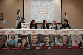 Families of hostages feared taken in Gaza (left to right) Tal Yeshurun, Maya Lumbroso, Natali Hand, Thomas Hand and Eylon Keshe during a press conference at the Embassy of Israel in Dublin on Monday 13 November 2023. Photo: Norma Burke/PA Wire