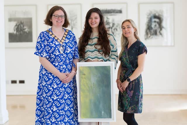The Mayor of Ards and North Down, Councillor Jennifer Gilmour with Artist Lauren Ciara McCullough and Ards and North Down Borough Council’s Arts and Heritage Manager, Emily Crawford at the launch of the Creative Peninsula 2023 programme