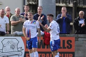 Linfield's Chris McKee celebrates his goal during today's game at Stangmore Park, Dungannon