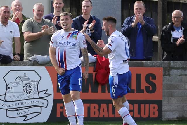 Linfield's Chris McKee celebrates his goal during today's game at Stangmore Park, Dungannon