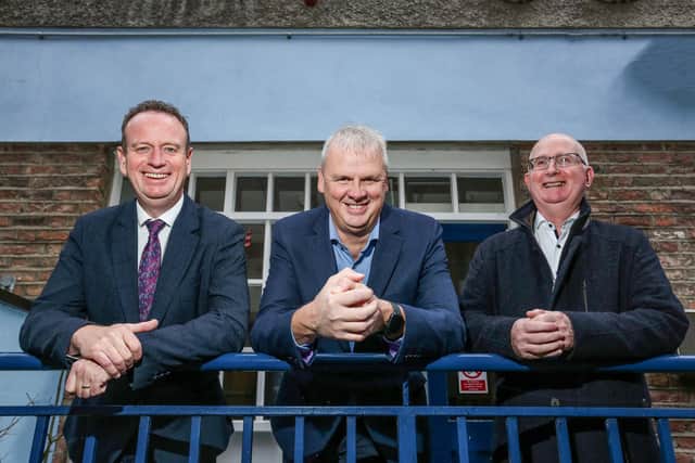 Manufacturing NI has appointed new chair, Richard Hogg. He is pictured with his predecessor Con O’Neill and the trade body's chief executive Stephen Kelly. (Credit Lorcan Doherty)
