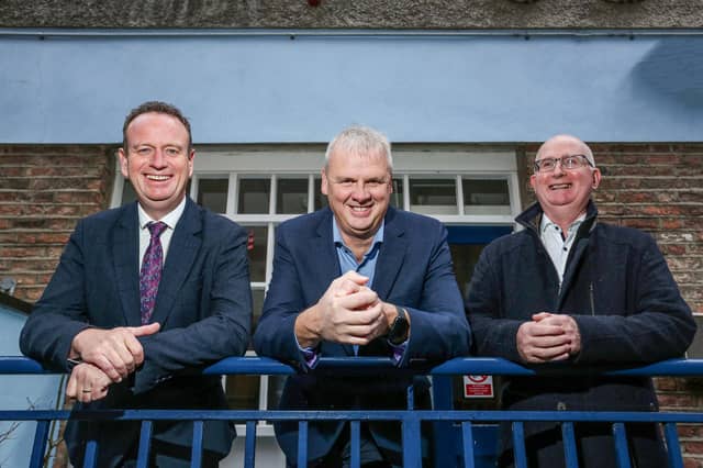Manufacturing NI has appointed new chair, Richard Hogg. He is pictured with his predecessor Con O’Neill and the trade body's chief executive Stephen Kelly. (Credit Lorcan Doherty)