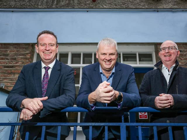 Manufacturing NI has appointed new chair, Richard Hogg. He is pictured with his predecessor Con O’Neill and the trade body's chief executive Stephen Kelly. (Credit Lorcan Doherty)