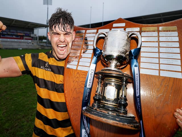 Jacob Boyd, celebrating Schools' Cup success last year with RBAI, will represent Ireland under 20s across the Six Nations. (Photo by William Cherry/Presseye)
