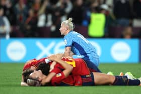England's Bethany England looks dejected after the FIFA Women's World Cup final match at Stadium Australia, Sydney as Spain celebrate victory. (Photo by Isabel Infantes/PA Wire)