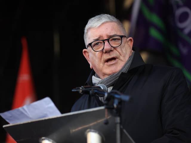 Gerry Murphy, Assistant General Secretary of the Irish Congress of Trade Unions, addresses union members outside Belfast City Hall, Belfast, as an estimated 150,000 workers take part in walkouts over pay across Northern Ireland in Janurary. Photo: Liam McBurney/PA Wire