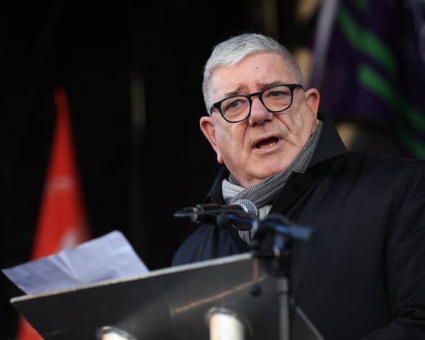 Gerry Murphy, Assistant General Secretary of the Irish Congress of Trade Unions, addresses union members outside Belfast City Hall, Belfast, as an estimated 150,000 workers take part in walkouts over pay across Northern Ireland in Janurary. Photo: Liam McBurney/PA Wire