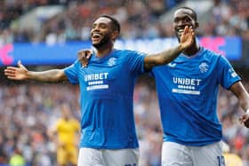 Rangers Danilo celebrates his club's second goal against Livingston with Adballah Sima during the cinch Premiership match at the Ibrox.