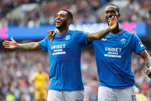 Rangers Danilo celebrates his club's second goal against Livingston with Adballah Sima during the cinch Premiership match at the Ibrox.