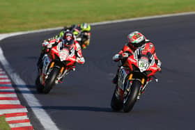 Glenn Irwin leads his BeerMonster Ducati team-mate Tommy Bridewell on the final lap of the last race of the 2023 British Superbike Championship at Brands Hatch. Picture: James Wright/Double Red