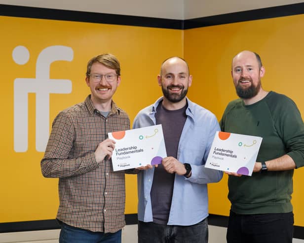 Leadership development company People Playbook will host a Google for Startups backed event at Innovation Factory on February 9.  Pictured are Innovation Factory Centre director Neil Allen with managing director Tony McGaharan and operations manager David Stalker
