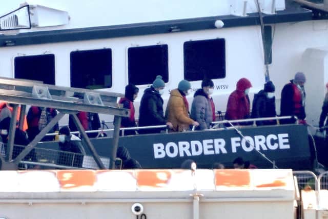 A group of people thought to be migrants are brought in to Dover, Kent, onboard a Border Force vessel. More than half of migrants who claimed to be victims of modern slavery after crossing the Channel in the first half of last year were Albanian, figures suggest