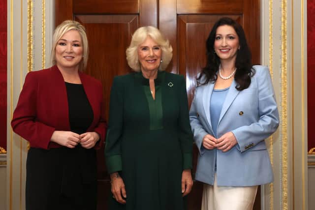 Queen Camilla with First Minister Michelle O'Neill and Deputy First Minister Emma Little-Pengelly as she attends an event hosted by the Queen's Reading Room to mark World Poetry Day at Hillsborough Castle in Belfast, during her two-day official visit to Northern Ireland