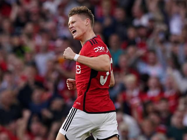 Manchester United's Scott McTominay celebrates scoring at Old Trafford in the dramatic victory over Brentford. (Photo by Martin Rickett/PA Wire).