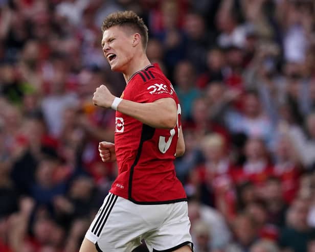 Manchester United's Scott McTominay celebrates scoring at Old Trafford in the dramatic victory over Brentford. (Photo by Martin Rickett/PA Wire).