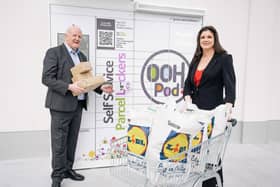Lidl Northern Ireland has joined forces with OOHPOd, an innovative ‘out of home’ self-service parcel locker provider, to make its parcel lockers available to customers across the region, offering them the convenience of picking up or returning their online purchases, at the same time as their regular shop. The lockers are open 24/7, providing shoppers with added peace of mind by offering the option to have their purchases dropped safely and securely ‘out of home’ to avoid the risk of missed deliveries. Pictured are John Tuohy, CEO of OOHPod and Avril O’Hehir, chief administration officer at Lidl Ireland and Northern Ireland