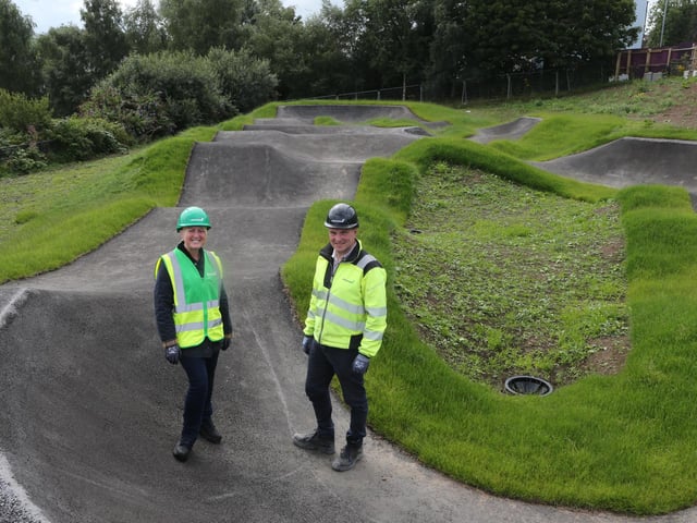 Mayor of Causeway Coast and Glens, councillor Dawn Huggins, with Alan McCullough, project manager at Graham, at the new Ballycastle Leisure Centre pump track