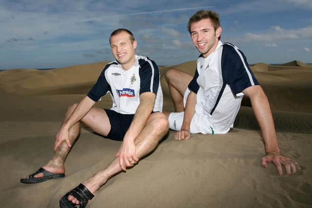 Northern Ireland's Warren Feeney and Gareth McAuley pictured in Gran Canaria ahead of a Euro 2008 qualifier against Spain. PIC: William Cherry/Presseye
