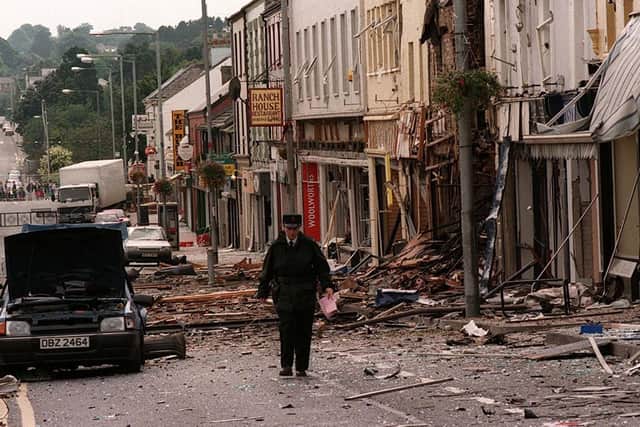Scene of devastation in Banbridge the day after a 500lb car bomb wrecked the centre of the Co Down town on 1 August 1998.