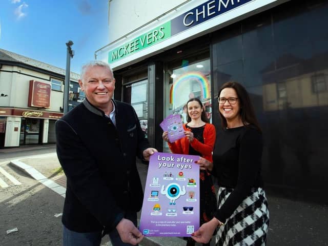L-R - Raymond Curran, Head of Ophthalmic Services at the Strategic Planning and Performance Group, Department of Health, Dr Jackie McCall, Consultant in Public Health at the PHA, and Catherine King, community pharmacist at McKeevers, 53-55 Mill Street, Newry