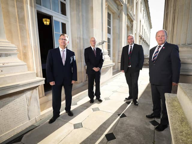 Sir Jeffrey Donaldson (then DUP), Billy Hutchinson (Progressive Party), Doug Beattie (UUP) and Jim Allister (TUV) at Stormont on Ulster Day September 28 2021. They agreed an 'unalterable position' of rejection of the protocol. The dividers of unionism are those who tore up that agreed platform. Photo Kelvin Boyes / Press Eye