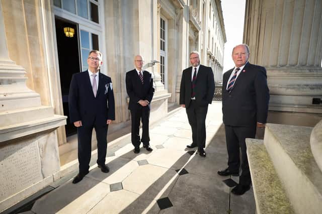 Sir Jeffrey Donaldson (DUP), Billy Hutchinson (Progressive Party), Doug Beattie (UUP) and Jim Allister (TUV) at Stormont on Ulster Day 2021. They all agreed that implementation of the Irish Sea border has the effect of subjugating the Acts of Union. Photo by Kelvin Boyes / Press Eye