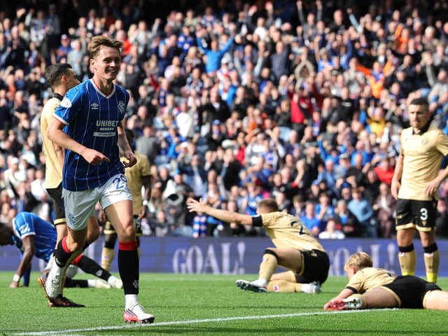 Rangers' James Penrice celebrates finding the net against St Mirren. (Photo by Steve Welsh/PA Wire)