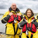 Larne RNLI volunteer crew members Frank Healy, Sam Agnew and Jack Healy who feature in the forthing TV episode.