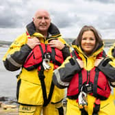 Larne RNLI volunteer crew members Frank Healy, Sam Agnew and Jack Healy who feature in the forthing TV episode.