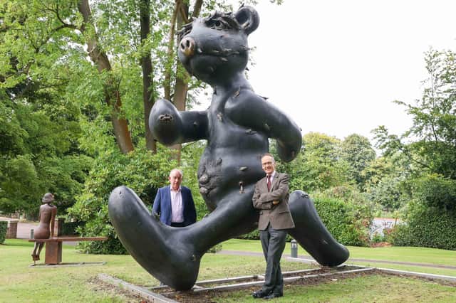 Oliver Gormley (left), of Gormleys, and Howard Hastings, chairman of Hastings Hotels, with Patrick O’Reilly's Larger than Life, the largest single-piece Irish sculpture to ever come to the art market, which will feature at Ireland's biggest art and sculpture event, Art and Soul, hosted by Gormleys at the Culloden Estate and Spa in Belfast from August 19 - Sept 10