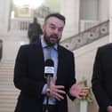 SDLP leader Colum Eastwood (left) and Matthew O'Toole speak during a press conference at Parliament Buildings, Stormont, Belfast, on Monday
