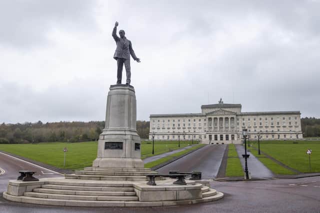 File photo dated 07/11/22 of a general view of Carson Statue and Parliament Buildings at Stormont Estate, in Northern Ireland, as the Government has made clear the restoration of powersharing in Northern Ireland is an "absolute priority".