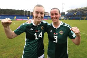 Northern Ireland goal scorers Lauren Wade and Demi Vance after defeating Montenegro 2-0 in Friday’s UEFA Women's Nations League play-off at the Gradski Stadion in Podgorica. PIC: William Cherry/Presseye
