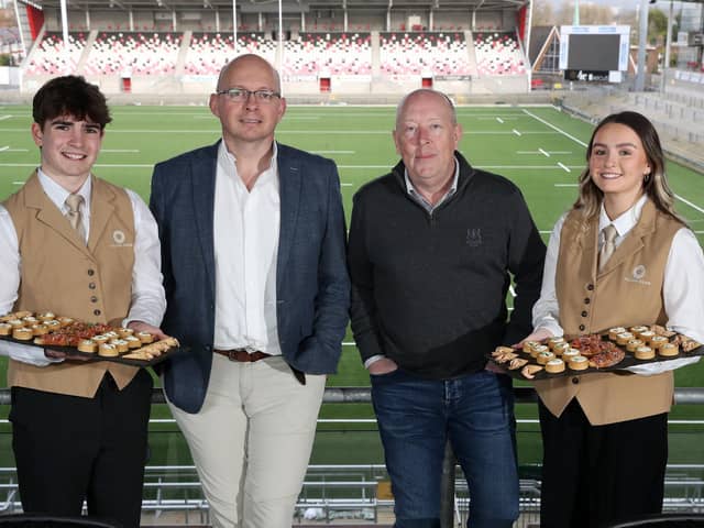 Armagh-based family-owned catering firm Yellow Door has extended its hospitality contract at the home of Ulster Rugby until at least June 2025. Pictured are Sam Netherton, Andrew Dougan, David Edwards and Clodagh Meyler